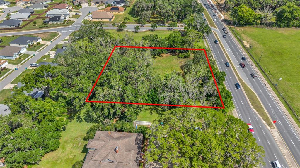 An aerial view shows a rectangular, tree-covered vacant lot outlined in red next to a highway — 11338 N US HIGHWAY 301, OXFORD, FL
