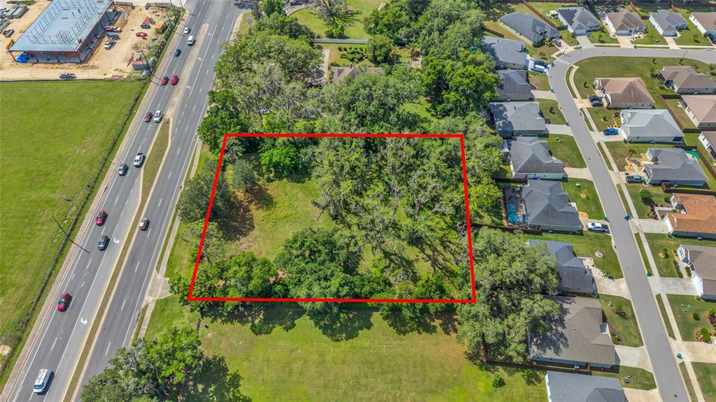 An aerial view shows a rectangular, tree-covered vacant lot outlined in red next to a road — 11338 N US HIGHWAY 301, OXFORD, FL