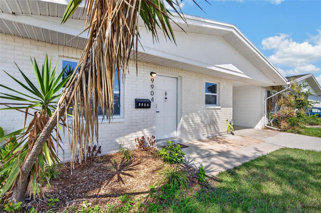 A white brick house exterior features a front door, a mailbox, and a palm tree — 9904 TULIP STREET N, PINELLAS PARK, FL