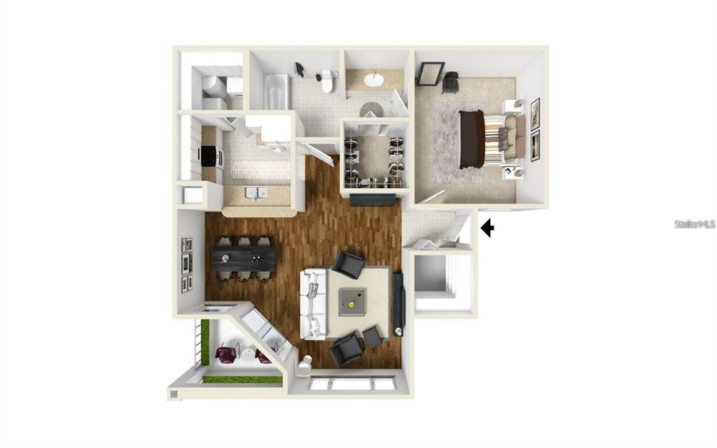 This is a 3D floor plan rendering of a one-bedroom apartment with an open living area — 2336 MID TOWN TERRACE UNIT 932, ORLANDO, FL