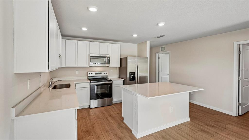 A kitchen features white cabinetry, stainless steel appliances, a center island, and wood-look flooring — 17851 WHEAT STACK COURT, PARRISH, FL