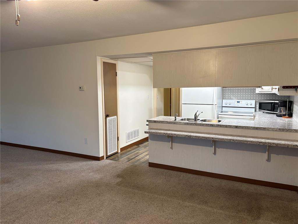 A carpeted living area opens to a kitchen with a breakfast bar and white appliances — 5433 PALM DRIVE, NEW PORT RICHEY, FL