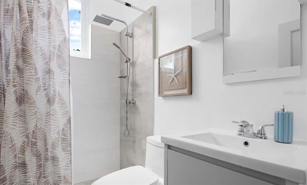 A bathroom features a walk-in shower with light tile, a white vanity, and a toilet — 250 CALLE DEL PARQUE UNIT 3A, SAN JUAN, PR