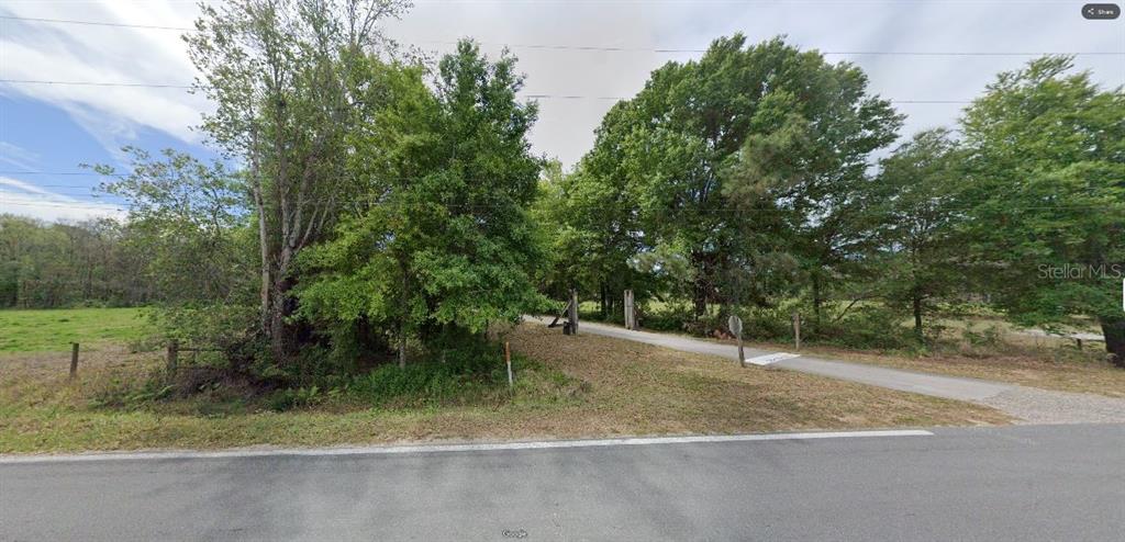 A gravel driveway leads through a gated entrance into a wooded area beside a field — GREEN POND RD, POLK CITY, FL