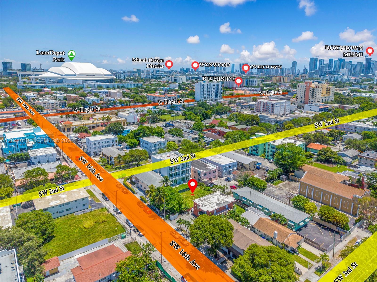This is an aerial map view of a neighborhood in Miami with highlighted streets — 219 SW 16th Ave, Miami FL 33135, MIAMI, FL