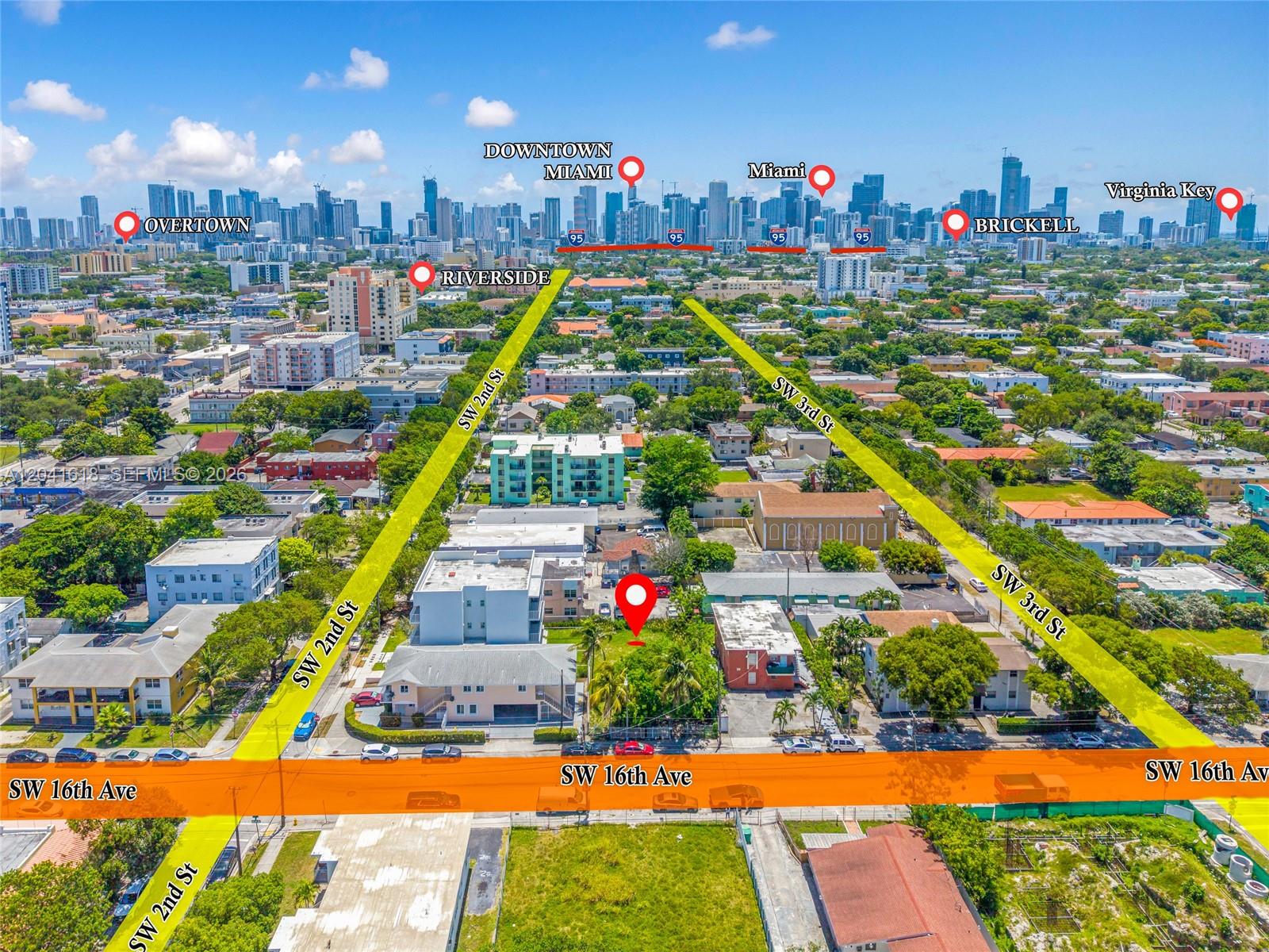 This aerial map shows a vacant lot highlighted by a red pin near city streets — 219 SW 16th Ave, Miami FL 33135, MIAMI, FL