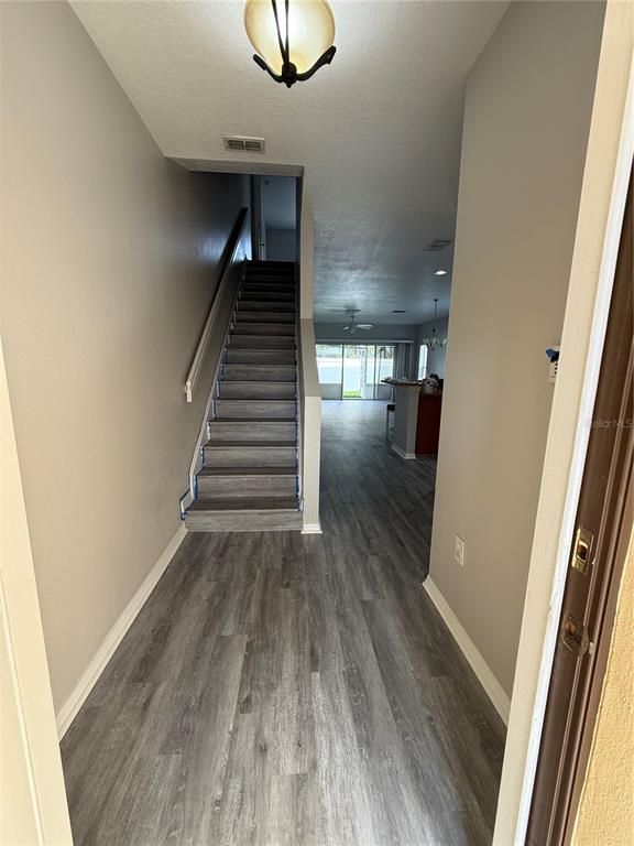 An entryway features gray wood-look flooring, a staircase with matching treads, and a ceiling light — 20460 NEEDLETREE DRIVE, TAMPA, FL