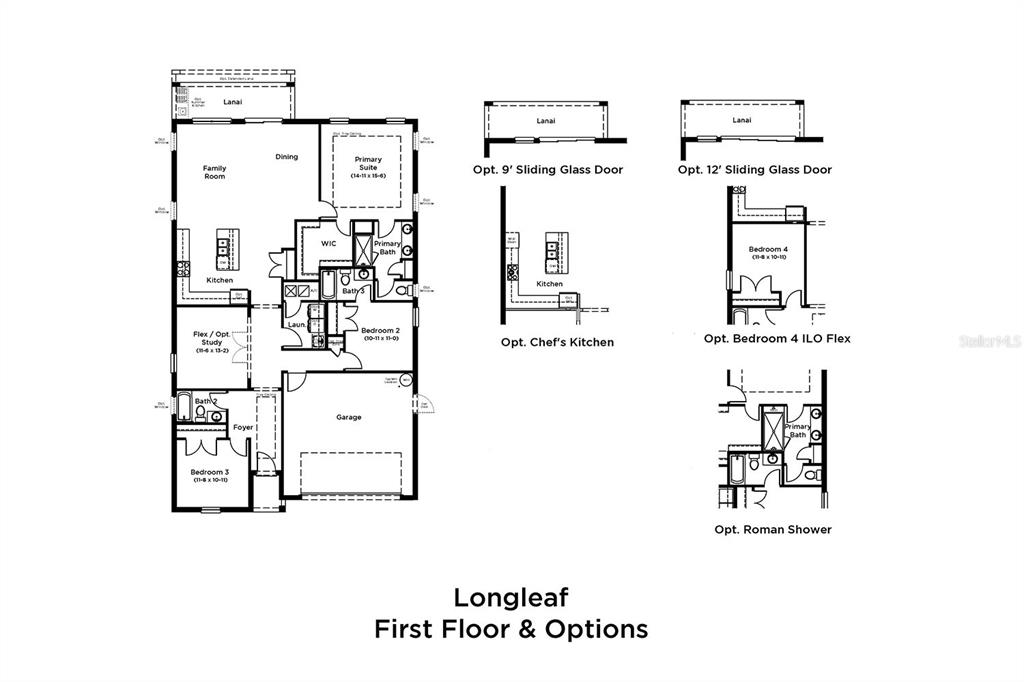 This is a floor plan for a single-story house with a garage and optional layouts — 5219 CHATTAHOOCHEE BEND, ST CLOUD, FL