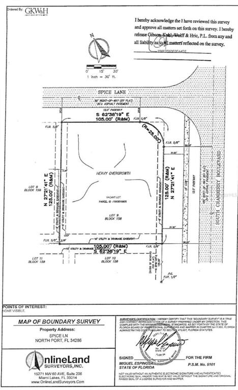 This is a boundary survey map for a vacant lot located at a street corner — SPICE LANE, NORTH PORT, FL