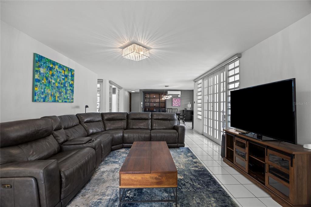 A living room features a dark leather sectional, a wooden coffee table, and a television — B-31 Poppy Street PARQUE FORESTAL, SAN JUAN, PR