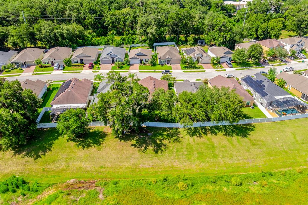An aerial view shows a row of suburban houses with backyards bordering a grassy field — 233 W FIESTA KEY LOOP, DELAND, FL