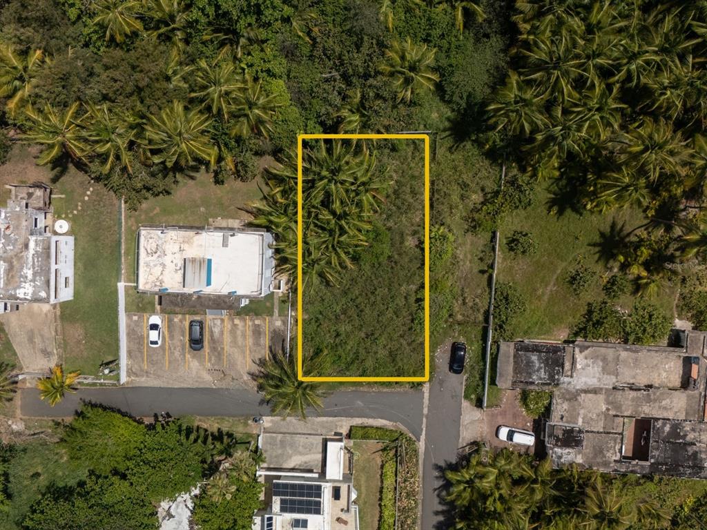 An aerial view shows a rectangular vacant lot outlined in yellow between two existing buildings — 16 DELFIN CAP DE MAR, VEGA ALTA, PR