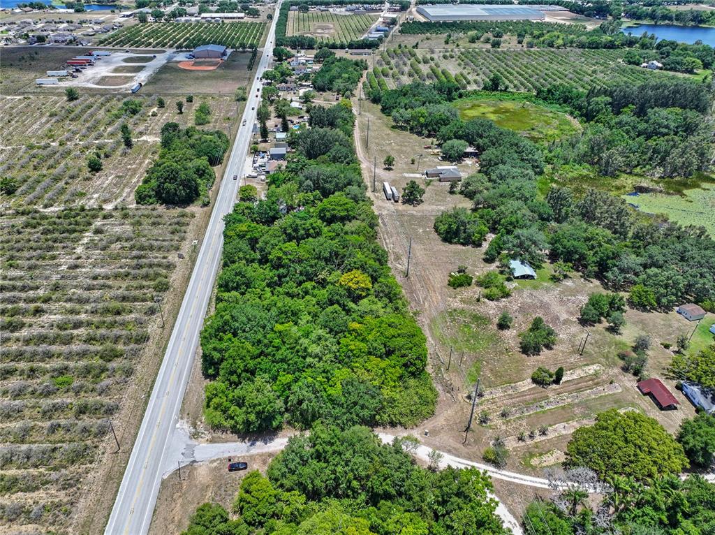 An aerial view shows a road running alongside a large wooded area and rural properties — SR-17, HAINES CITY, FL