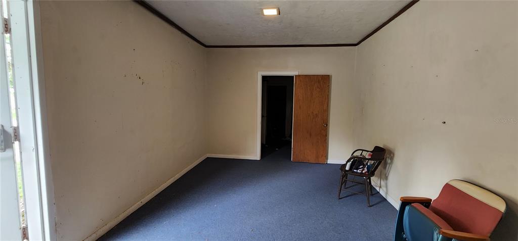 An empty room features beige walls, blue carpeting, a wooden door, and two chairs — 145 NW 257TH STREET, NEWBERRY, FL