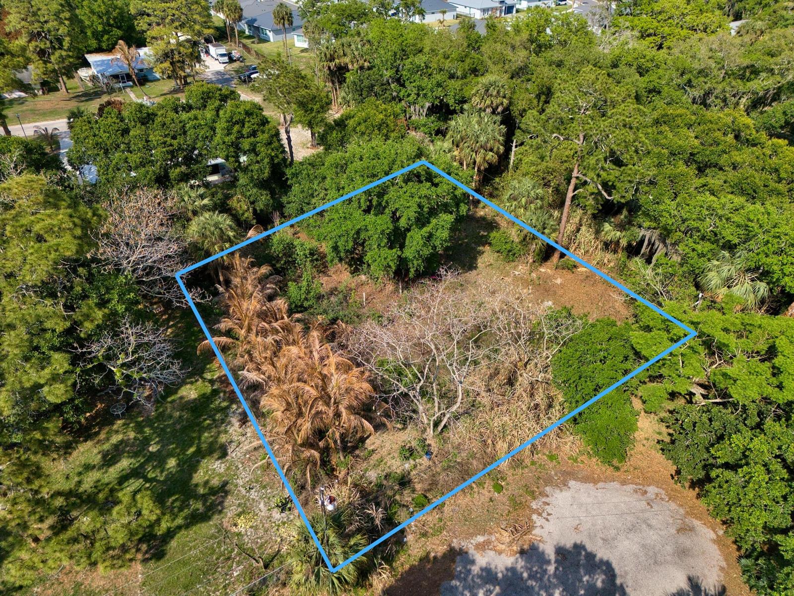 An aerial view shows a vacant, tree-covered residential lot outlined in blue — 1202 Australian Avenue, Fort Pierce FL 34982, FORT PIERCE, FL
