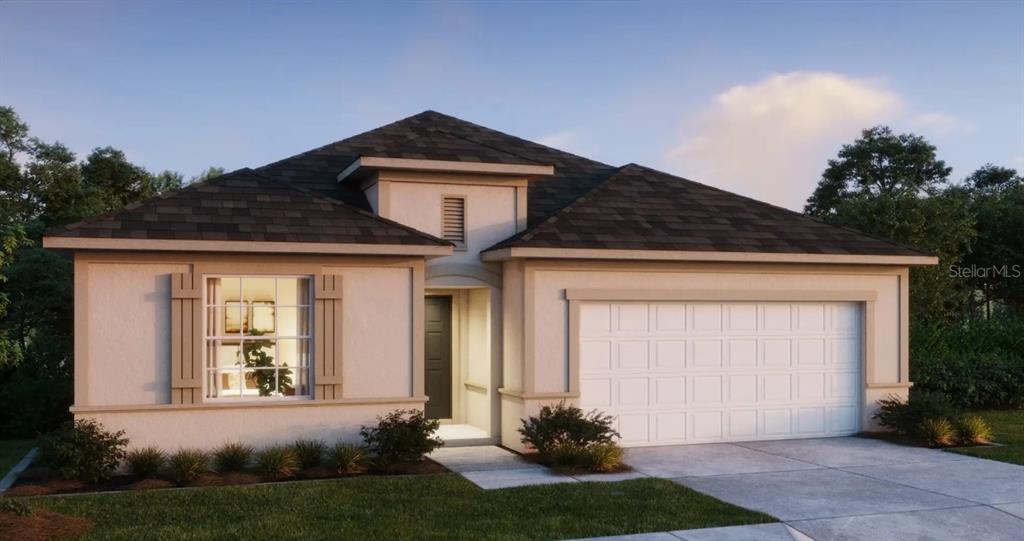 This is a digital rendering of a single-story house with a two-car garage — 8623 OAKSTONE CIRCLE, LEESBURG, FL