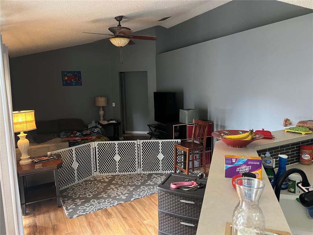 A living room with a vaulted ceiling and a baby gate is viewed from a kitchen — 69 RAEMOOR DRIVE, PALM COAST, FL