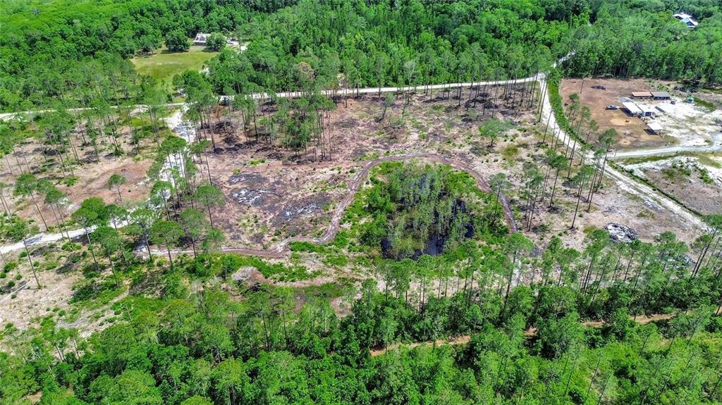 An aerial view shows a large, partially cleared wooded lot with a central pond — MARSHVIEW DRIVE, DELAND, FL