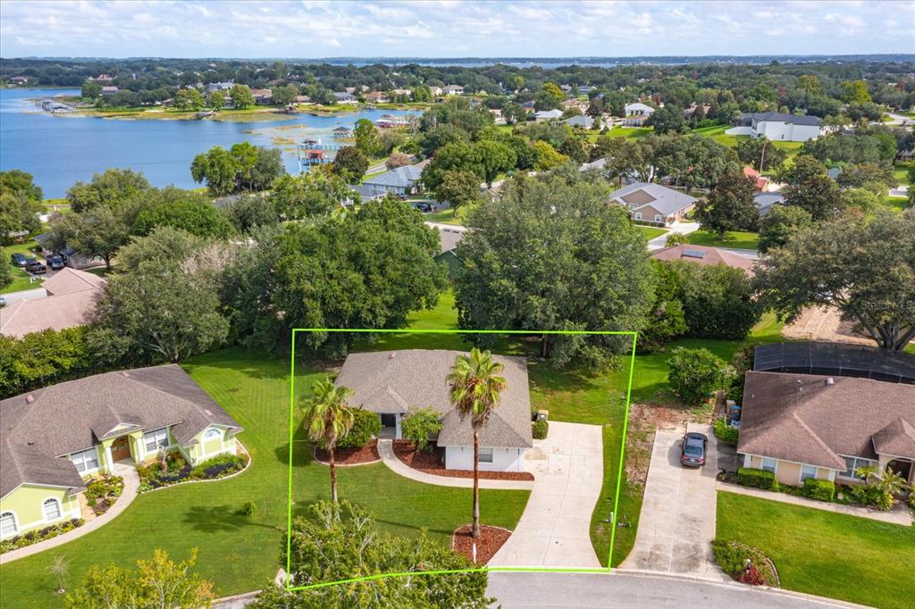 An aerial view shows a single-story house with a driveway and two palm trees — 11316 VIA MARI CAE COURT, CLERMONT, FL