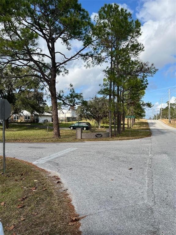 A paved road intersection features a grassy lot with pine trees and a small sign — 3008 COLLINS STREET, INVERNESS, FL