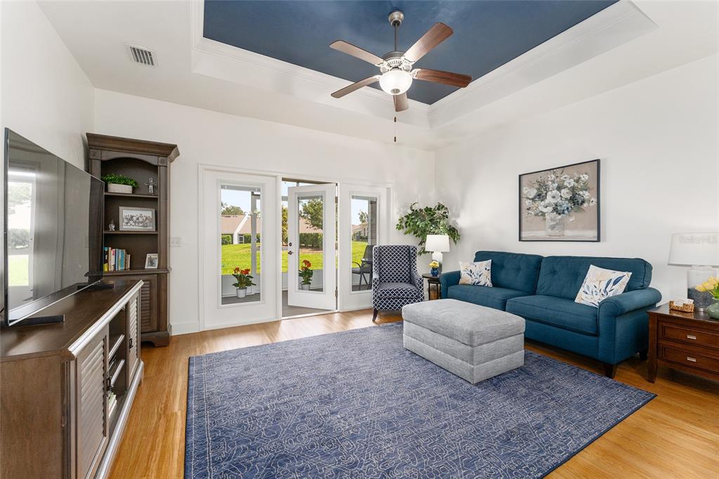 A living room features a blue tray ceiling, hardwood floors, and a blue sofa — 12938 NW 11TH PLACE, NEWBERRY, FL