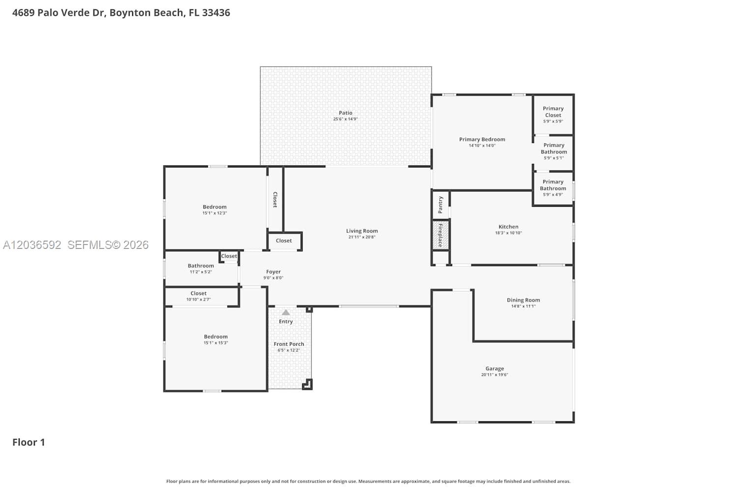 This is a floor plan for a single-story home with three bedrooms and a garage — BOYNTON BEACH, FL