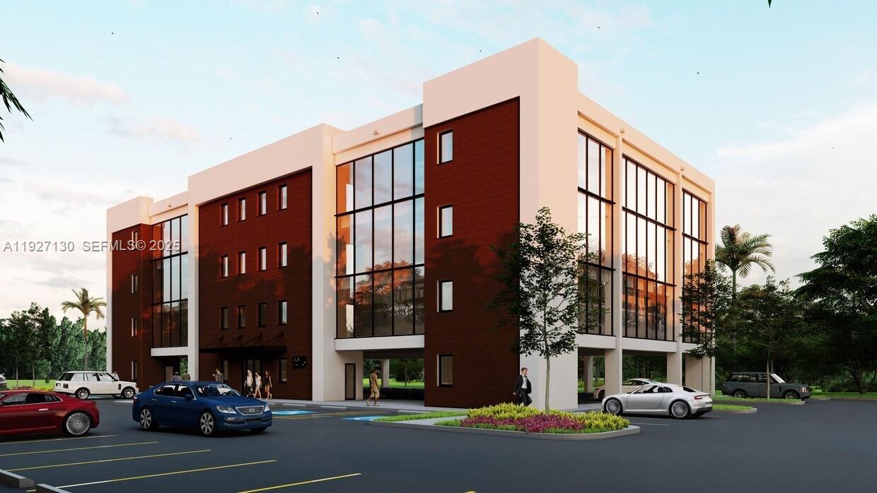 This is a digital rendering of a modern three-story commercial building with a parking lot — 9945 SW 72nd St, Miami FL 33173, MIAMI, FL