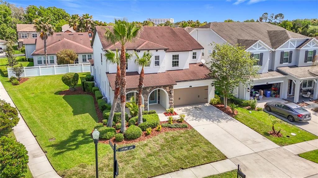 An aerial view shows two suburban houses with driveways, lawns, and palm trees — 27387 CAYENNE LANE, WESLEY CHAPEL, FL