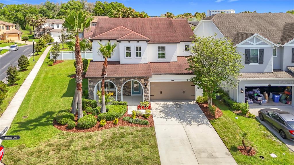 An aerial view of a two-story suburban house with a stone facade and palm trees — 27387 CAYENNE LANE, WESLEY CHAPEL, FL