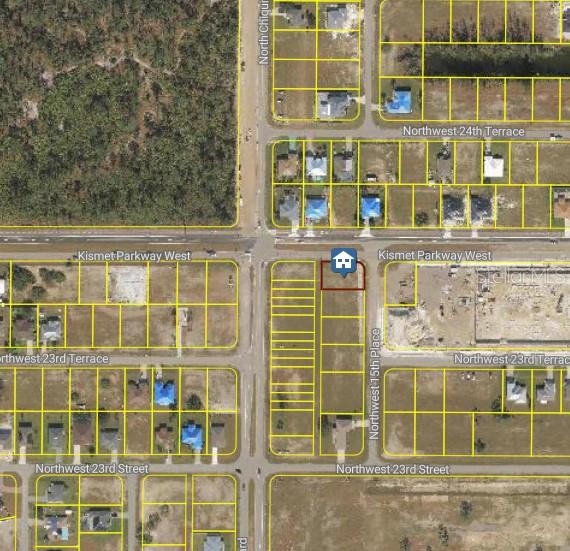 This is an aerial map showing a vacant residential lot highlighted with a house icon — 2326 NW 15TH PLACE, CAPE CORAL, FL