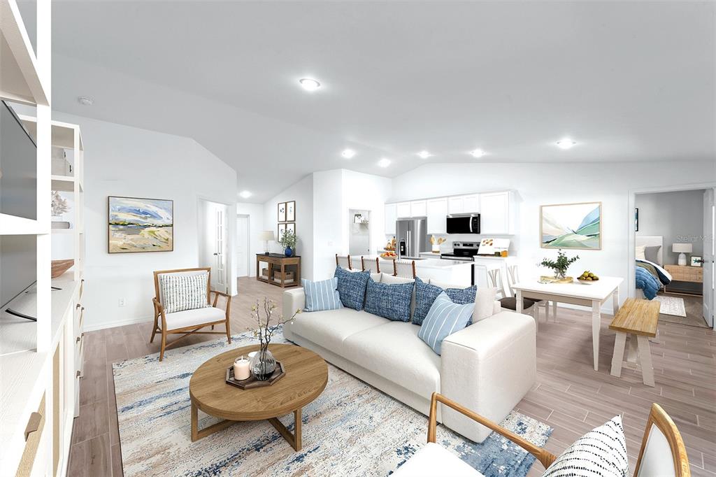 This rendering shows an open-concept living room and kitchen with light wood-look tile flooring — 11797 OCEANSPRAY BOULEVARD, ENGLEWOOD, FL