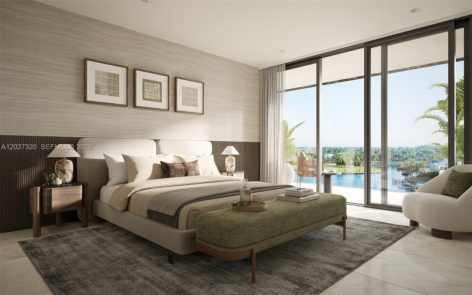 This rendering shows a modern bedroom with a balcony overlooking a waterfront landscape — 10141 E Bay Harbor Dr. # 301, Bay Harbor Islands FL 33154, BAY HARBOR ISLANDS, FL