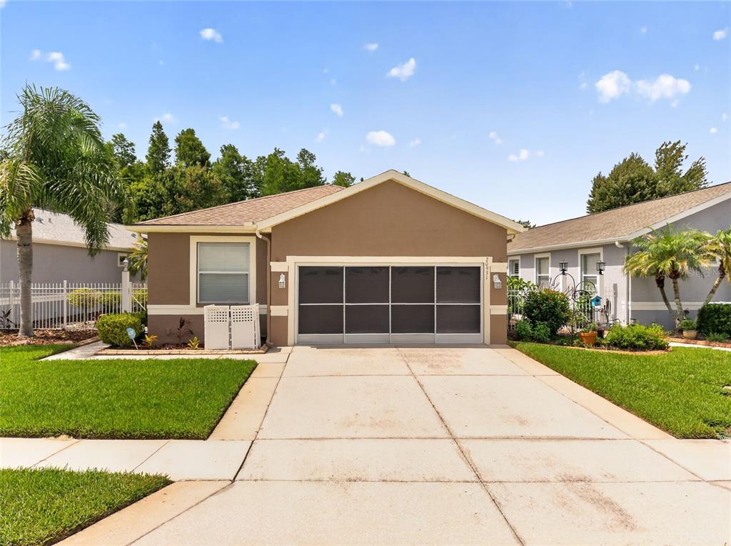 A single-story house with a brown exterior, a two-car garage, and a concrete driveway — 20931 DIAMONTE DRIVE, LAND O LAKES, FL