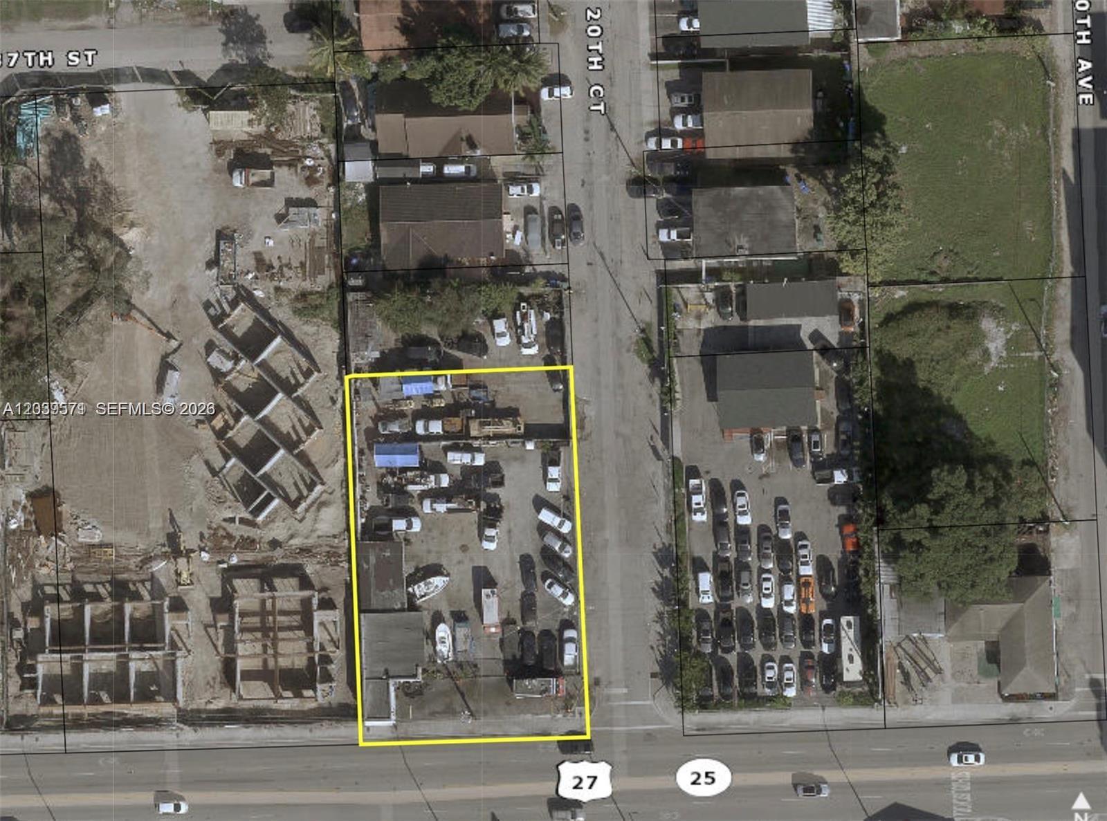 This is an aerial view map showing a commercial property lot outlined in yellow — 2045 NW 36th St, Miami FL 33142, MIAMI, FL