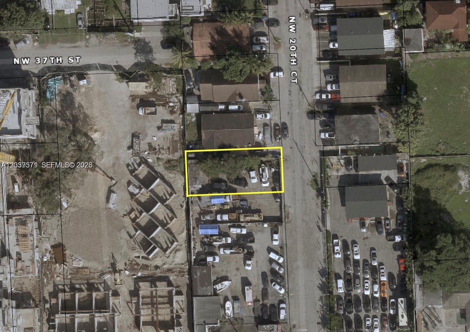 This is an aerial map view of a rectangular property lot outlined in yellow — 2045 NW 36th St, Miami FL 33142, MIAMI, FL