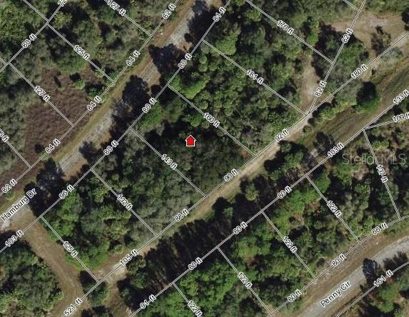 An aerial map view shows a vacant, wooded residential lot with property boundary lines and dimensions — Lot 3 HAMBURG DRIVE, NORTH PORT, FL