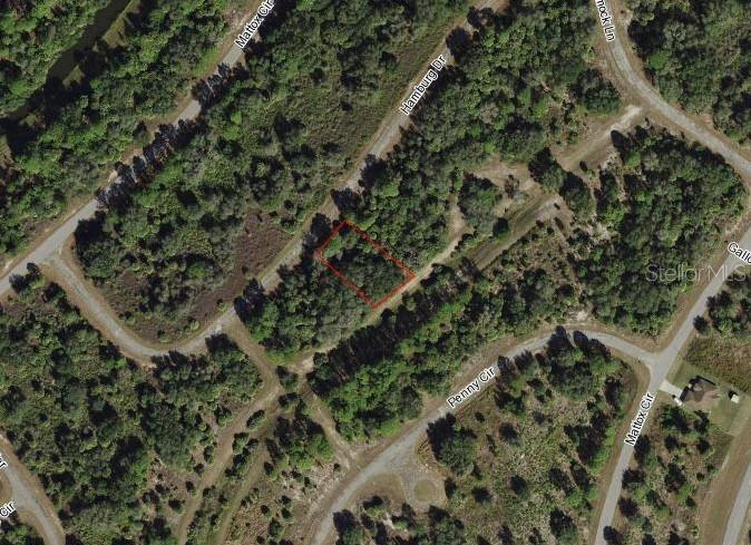 This is an aerial map showing a vacant, wooded lot outlined in red — Lot 3 HAMBURG DRIVE, NORTH PORT, FL