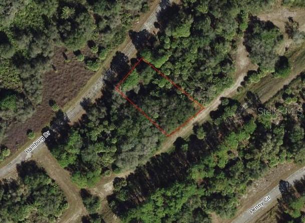 An aerial view shows a rectangular plot of land outlined in red near two roads — Lot 3 HAMBURG DRIVE, NORTH PORT, FL