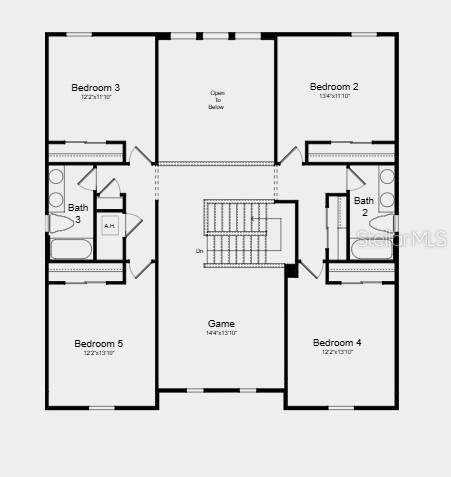 This floor plan shows the upper level of a house with four bedrooms, a game room, and two bathrooms — 12852 TREELINE RIDGE AVENUE, SAN ANTONIO, FL