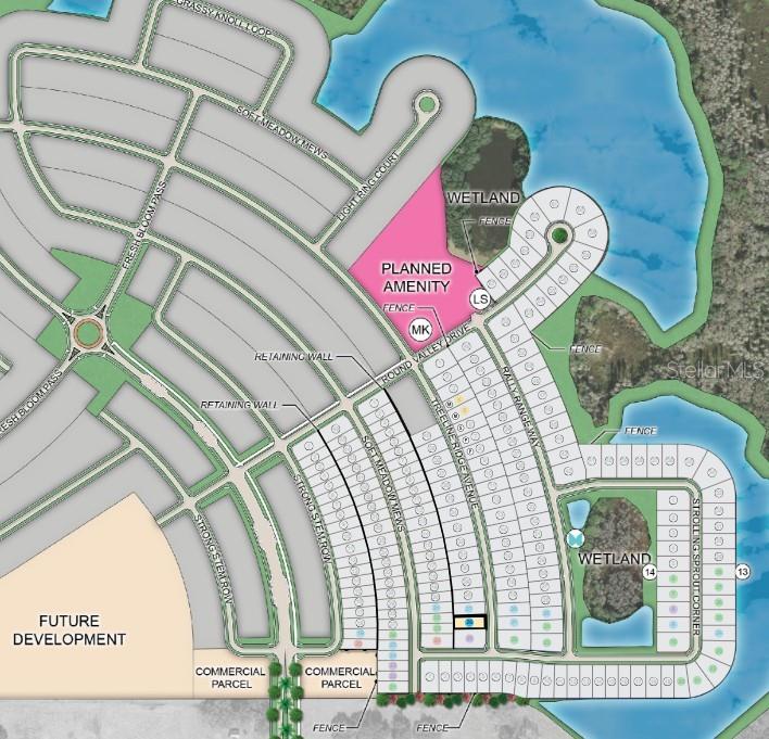 This is a site map rendering showing a residential neighborhood layout with streets, lots, and wetlands — 12852 TREELINE RIDGE AVENUE, SAN ANTONIO, FL