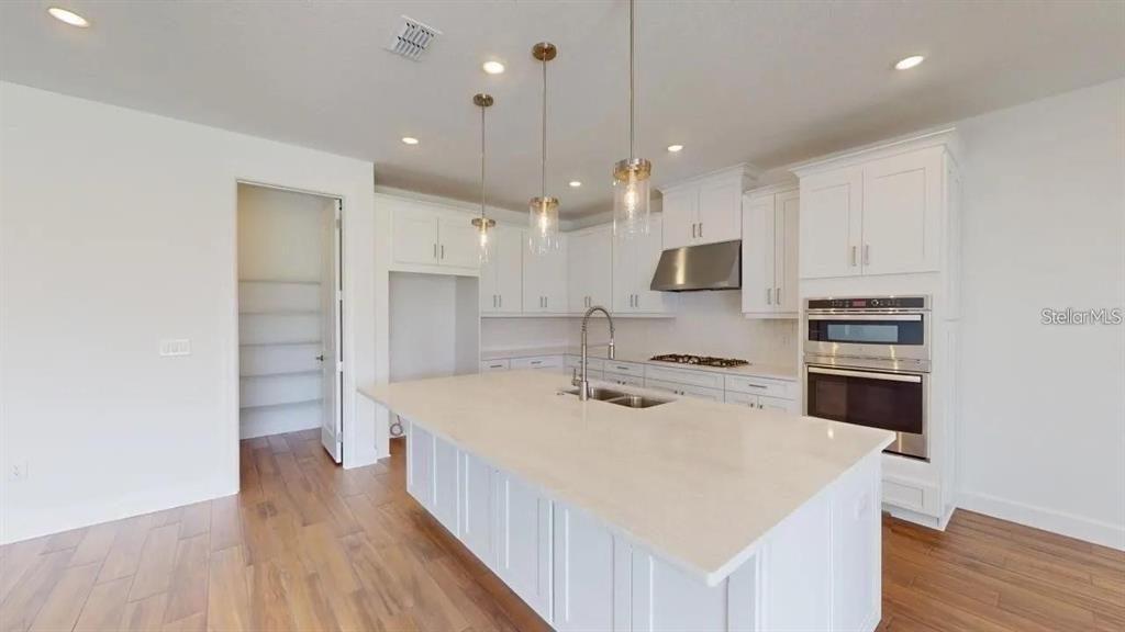 A modern kitchen features white cabinetry, a large central island, and stainless steel appliances — 4911 CASERTA COURT, PALMETTO, FL