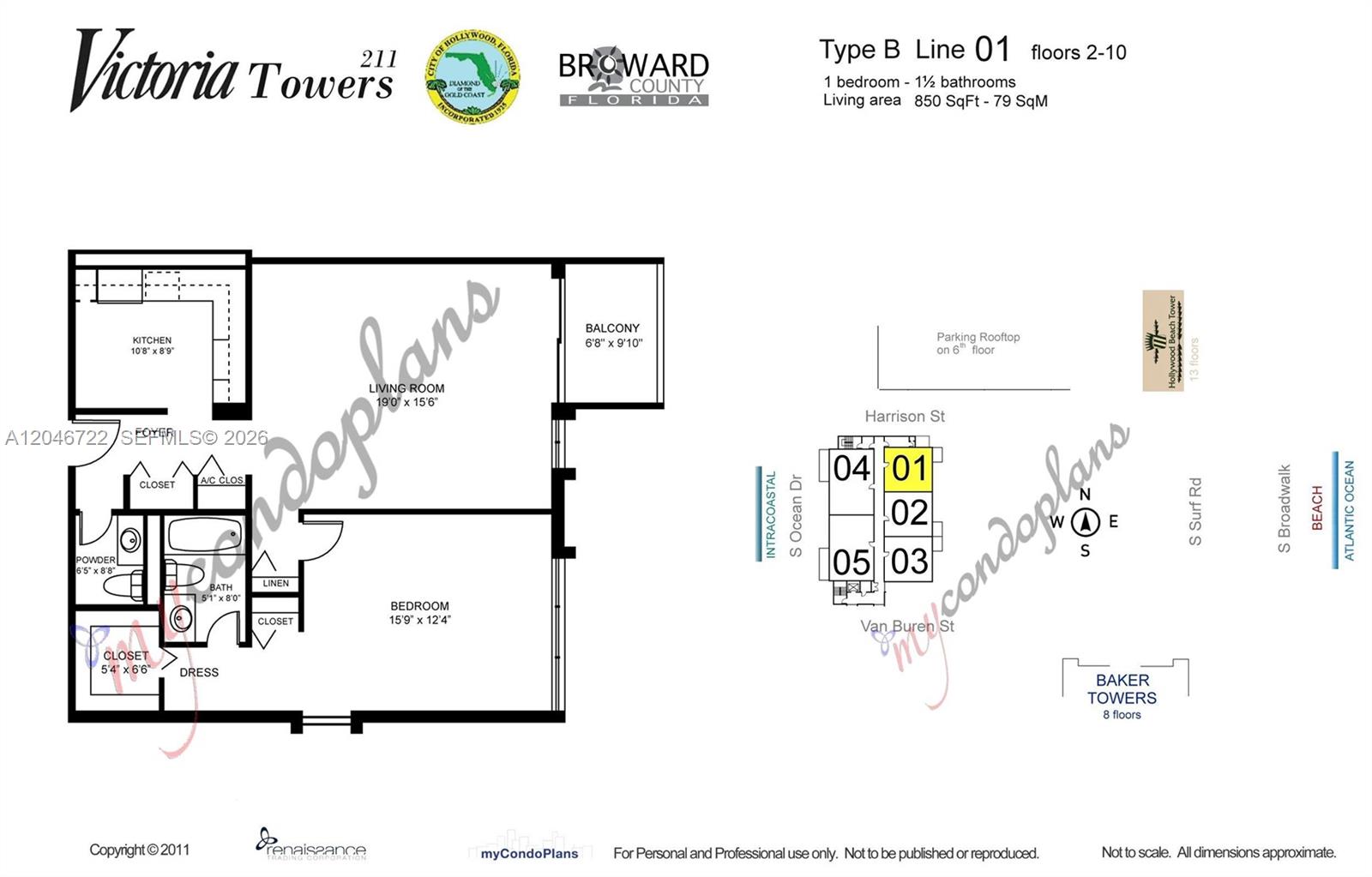 This is a floor plan for a one-bedroom, 1.5-bathroom apartment unit in Victoria Towers — 211 S Ocean Dr # 501, Hollywood FL 33019, HOLLYWOOD, FL