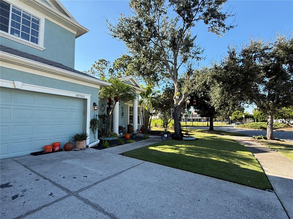 A light blue two-story house features a concrete driveway, a garage, and a front lawn — 10703 BANFIELD DRIVE, RIVERVIEW, FL