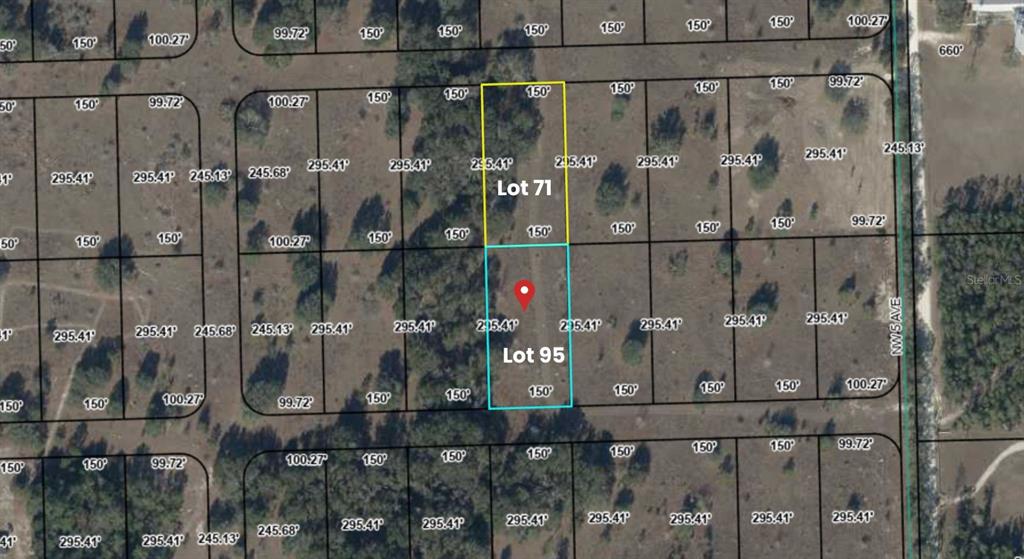 This is a map showing two adjacent rectangular land parcels labeled Lot 71 and 95 — OFF NW CR-138 Lot 95, BRANFORD, FL