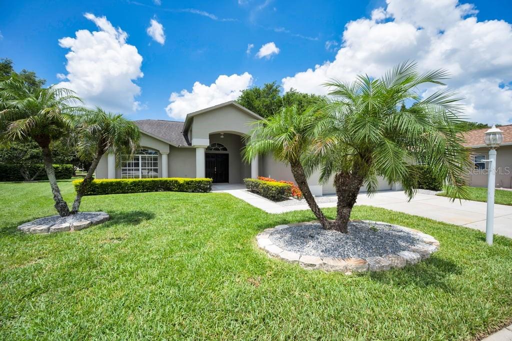A single-story house with a lawn, two palm trees, and a paved driveway — 1253 EVENINGSIDE COURT, TRINITY, FL