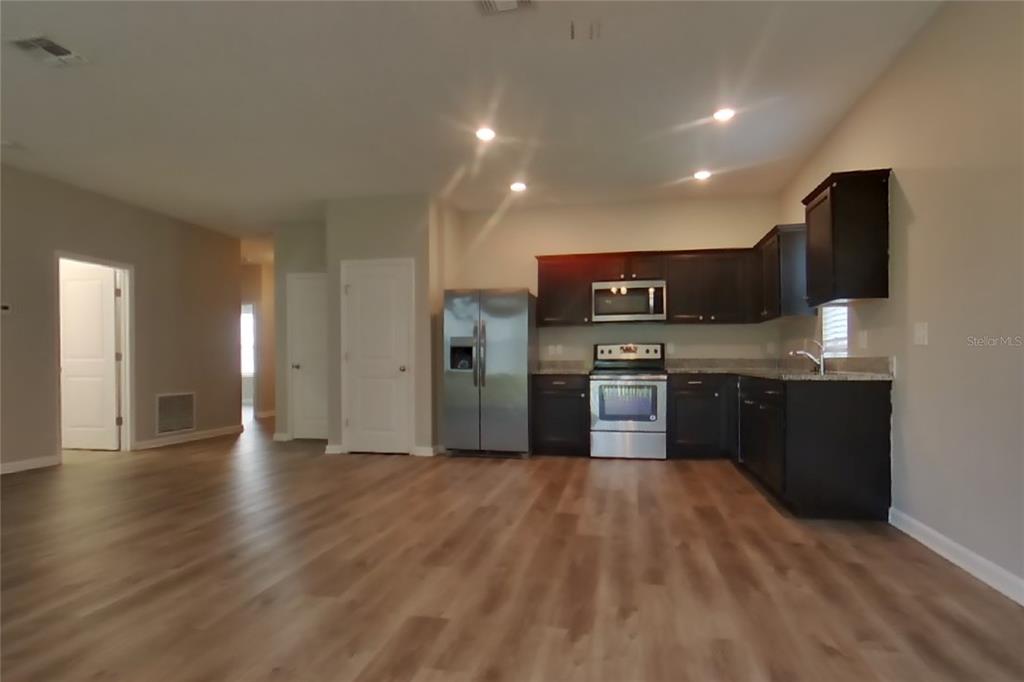 An open-concept kitchen features dark wood cabinets, stainless steel appliances, and light wood-look flooring — 16517 CHERRY LANDING DRIVE, GROVELAND, FL