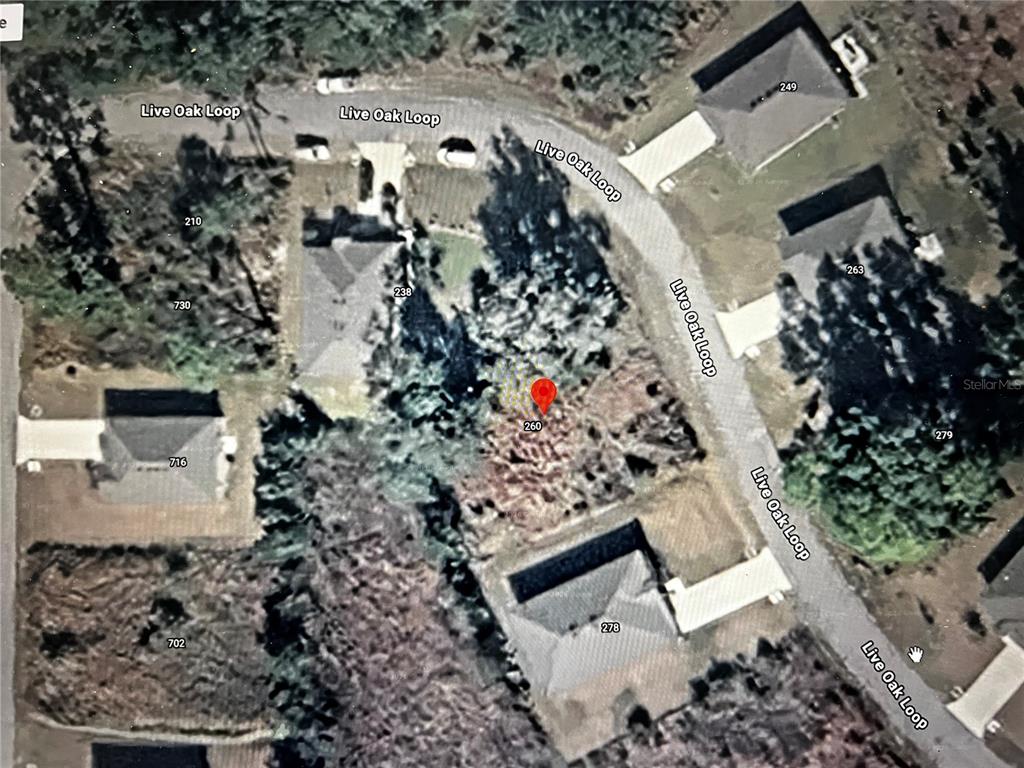 This is an aerial map view of a residential lot located on a curved street — 260 LIVE OAK LOOP, CRESCENT CITY, FL