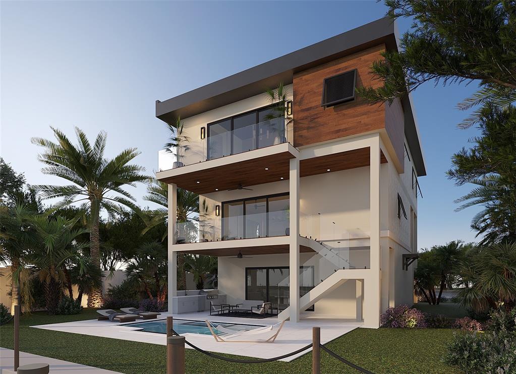 A rendering of a three-story modern house with a pool, patio, and glass balconies — 14184 W PARSLEY DRIVE, MADEIRA BEACH, FL
