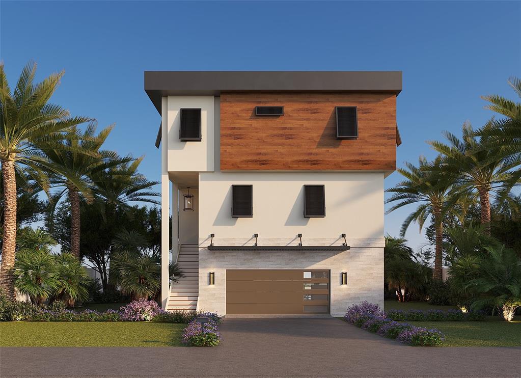 A digital rendering of a modern three-story house with a garage and wood-paneled upper level — 14184 W PARSLEY DRIVE, MADEIRA BEACH, FL