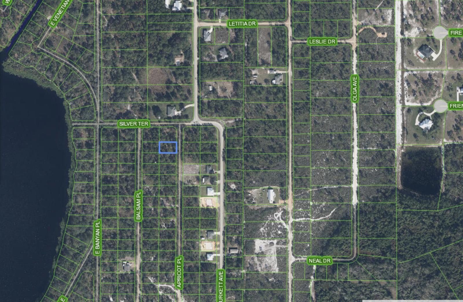 An aerial map view shows a highlighted rectangular plot of land in a wooded area — 6503 E Apricot Place, Sebring FL 33875, SEBRING, FL